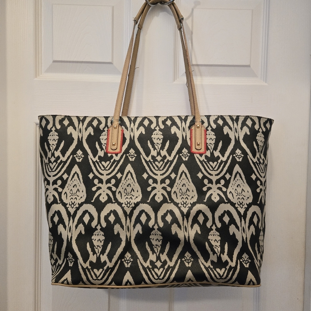 STELLA & DOT large La Totale top zipper tassel tote bag Black Ikat Pattern purse - Picture 5 of 10